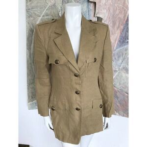 Emblem Linen Beige Pocketed Military Style Womens Blazer Jacket Size 4